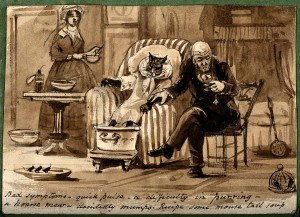 V0011064 A doctor diagnosing a cat with mumps and prescribing a remed Credit: Wellcome Library, London. Wellcome Images images@wellcome.ac.uk https://wellcomeimages.org A doctor diagnosing a cat with mumps and prescribing a remedy. Coloured pencil drawing. Published: - Copyrighted work available under Creative Commons Attribution only licence CC BY 4.0 https://creativecommons.org/licenses/by/4.0/